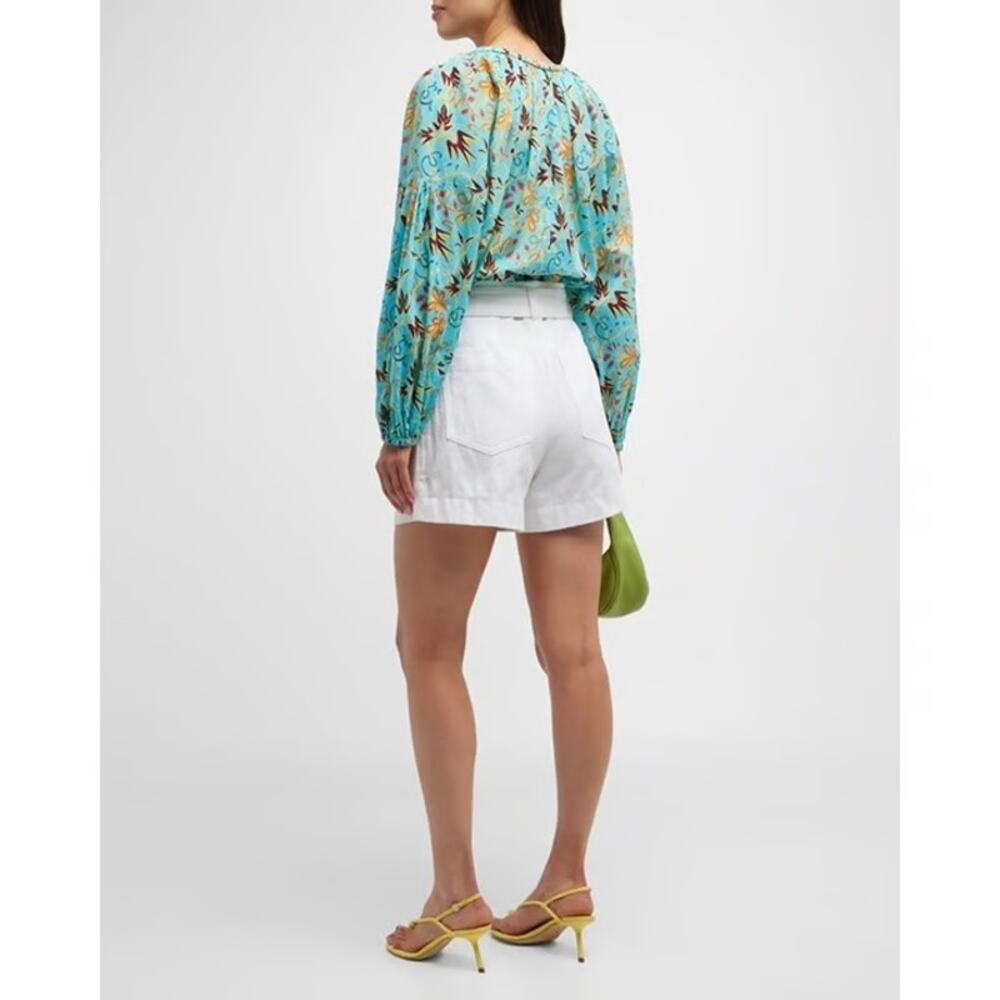 ALC Tropical Cotton Blouse Balloon Sleeve Turquoise 12 Resort Vacation Cruise - Picture 16 of 16